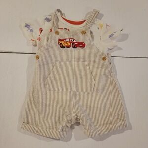 Disney Baby Overalls Boys 6/9 Months Lightning McQueen Pixar‎ Cars Seersucker